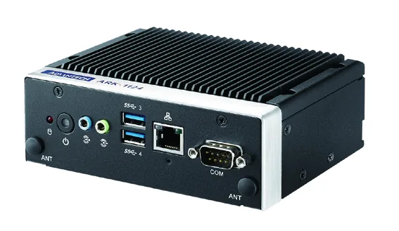 Mặt sau máy tính nhúng Advantech ARK-1124H với 2 HDMI, 2 LAN, 4 USB 3.0 và jack nguồn 12 V