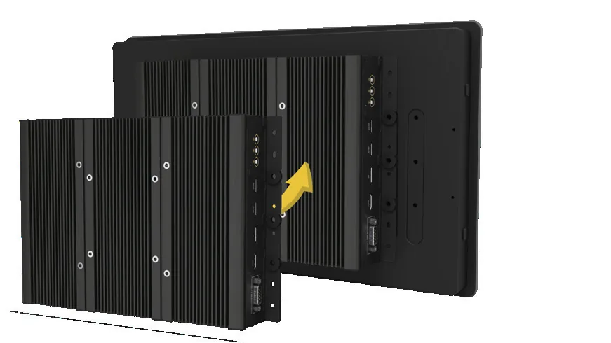 Màn hình cảm ứng công nghiệp Cincoze CV-W124 nhìn từ mặt sau với module máy tính rời gắn theo chuẩn CDS