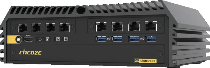 Máy tính công nghiệp không quạt Cincoze DX-1300 nhìn từ hai phía với cổng LAN và COM