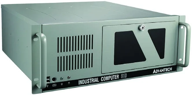 Máy tính công nghiệp rack 4U Advantech IPC-510 mặt trước có cửa che khay ổ quang và cổng USB