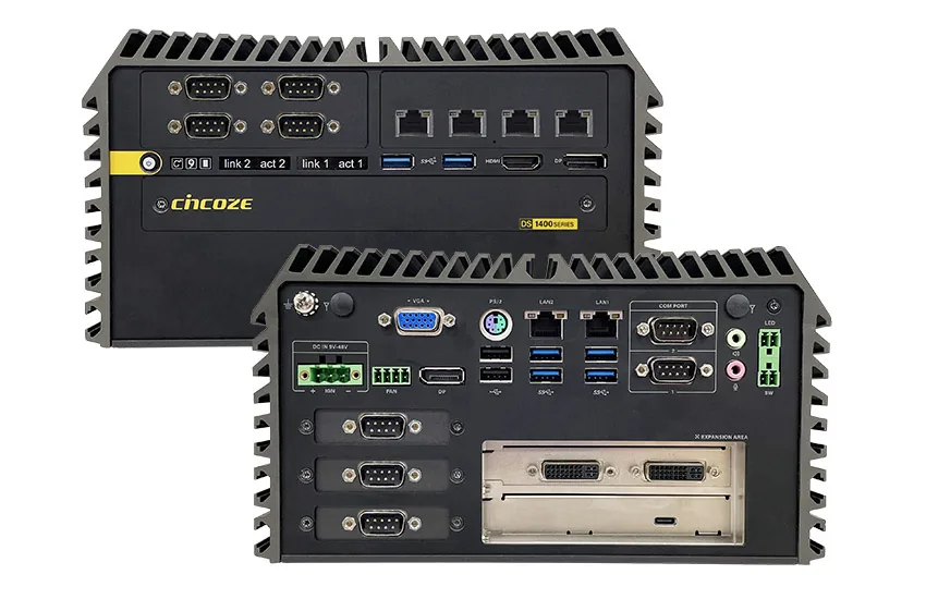 Hai mặt cổng của Cincoze DS-1400 với các cổng COM DB9, LAN, USB và khe cắm card mở rộng